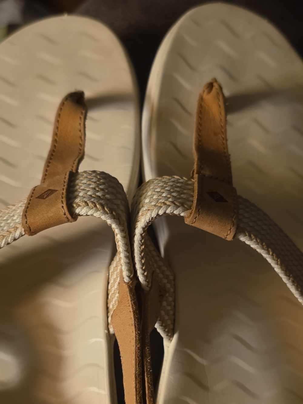 Sperry Cream Woven Thong Sandals with Tan Accents